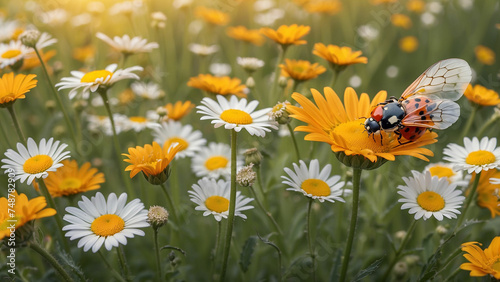 A ladybug rests on a daisy, its wings folded gracefully, surrounded by a field of these cheerful flowers and creating a scene that radiates warmth and happiness © mdaktaruzzaman