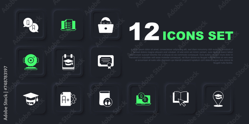 Set Online book, education, Question and Answer, Web camera, Exam sheet with plus grade, quiz, test, survey and Audio icon. Vector Set Online book, education, Question and Answer, Web camera, Exam sheet with plus grade, quiz, test, survey and Audio icon. Vector