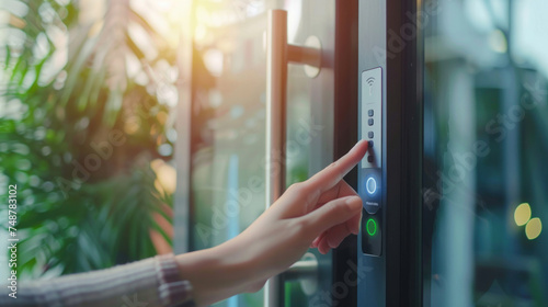 Closeup of woman finger entering password code on the smart digital touch screen keypad entry door lock in front of the room. Smart device concept. Free Download Closeup of woman finger entering password code on the smart digital touch screen keypad entry door lock in front of the room. Smart device concept. - GFXLoad