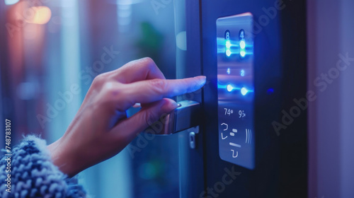 Closeup of woman finger entering password code on the smart digital touch screen keypad entry door lock in front of the room. Smart device concept. photo