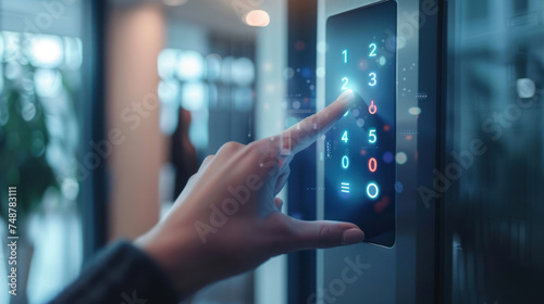Closeup of woman finger entering password code on the smart digital touch screen keypad entry door lock in front of the room. Smart device concept. photo