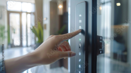 Closeup of woman finger entering password code on the smart digital touch screen keypad entry door lock in front of the room. Smart device concept.