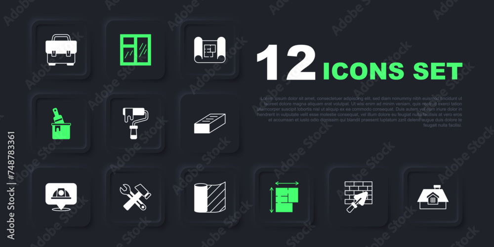 Set Brick wall with trowel, House, Paint roller brush, plan, bucket, Hammer and wrench spanner, Window room and Wallpaper icon. Vector Set Brick wall with trowel, House, Paint roller brush, plan, bucket, Hammer and wrench spanner, Window room and Wallpaper icon. Vector