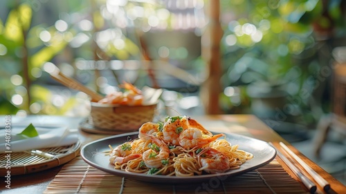 Asian fusion cuisine featuring shrimp pasta served in a tranquil outdoor dining scene