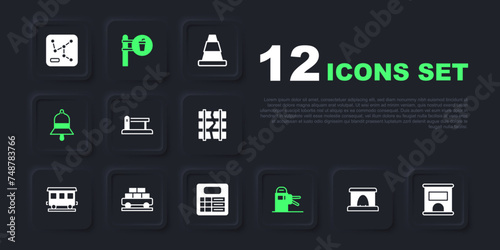 Set Railway tunnel, Ticket office to buy tickets, barrier, Turnstile, Train station bell, Cargo train wagon, Cafe and restaurant location and board icon. Vector