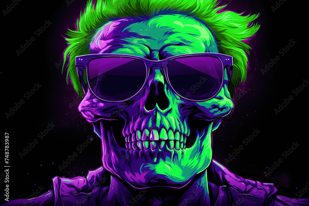 Neon skull in sunglasses. Generative AI