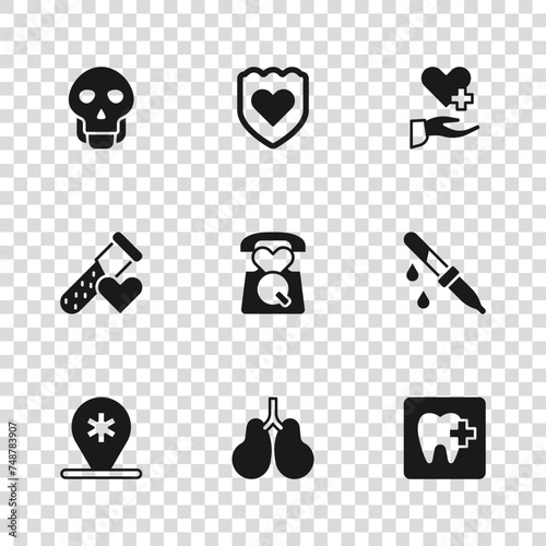 Set Lungs, Pipette, Dental clinic location, Emergency call 911, Heart with cross, Skull, Immune system and Test tube blood icon. Vector