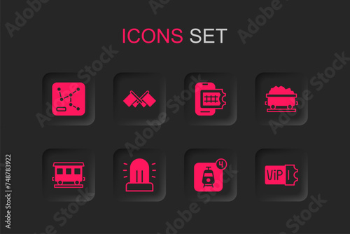Set Flasher siren, Flag, Railway map, Online ticket booking, Coal train wagon, Train, and Passenger cars icon. Vector