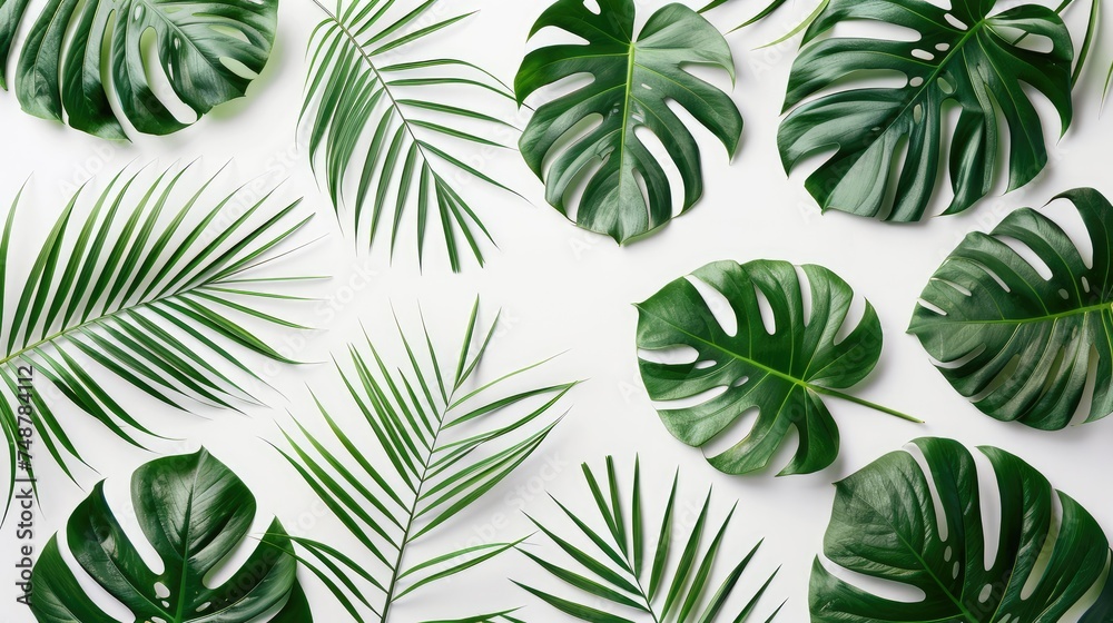 Top view of Tropical Leaves on white background. Creative nature Layout made of Palm. Flat lay green foliage. Summer banner template with copy space
