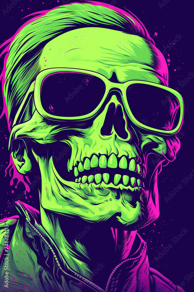 Neon skull in sunglasses. Generative AI