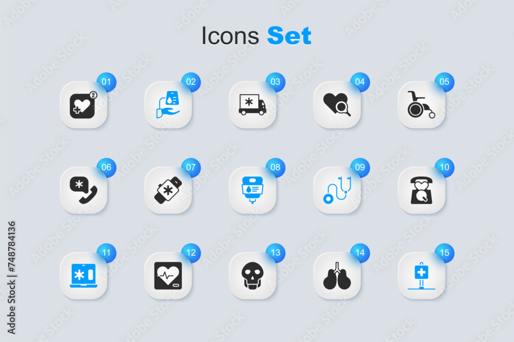 Set Lungs, Smart watch with heart, Blood donation, Clinical record laptop, Location hospital, Emergency call 911, Mobile rate and IV bag icon. Vector