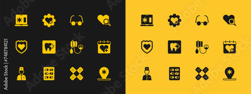 Set Medical heart inspection, Pills blister pack, Blood pressure, Crossed bandage plaster, Dental clinic location, Glasses, Clinical record laptop and Heart with cross icon. Vector