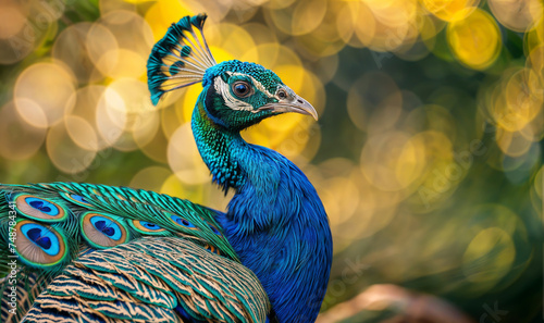 Close up portrait of a peacock  with blue and green feathers wallpaper