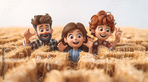 3D cartoon on whitebackground A family navigating through a hay maze at a harvest festival