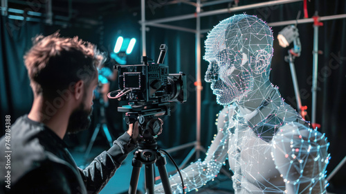 Picture of skilled person cameraman filming movie with generative ai.
