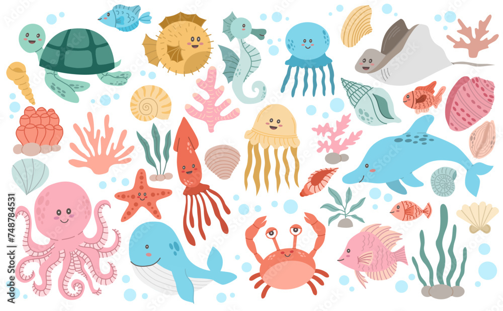 Obraz premium Set with hand drawn sea life elements. Vector doodle cartoon set of marine life