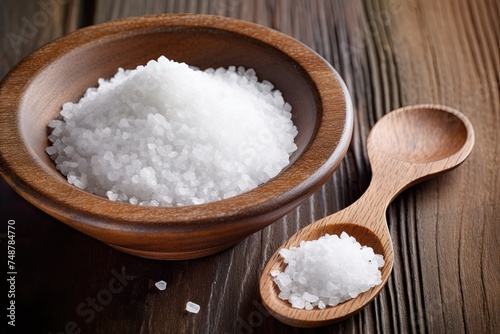 Vintage-Food Photography: Close-up of Table Salt Pile on Wooden Plate with Spoon; Perfect for Cooking and Ingredients