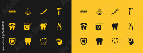 Set Tooth drill, Broken tooth, Dental floss, Tube of toothpaste, Teeth with braces and Syringe icon. Vector