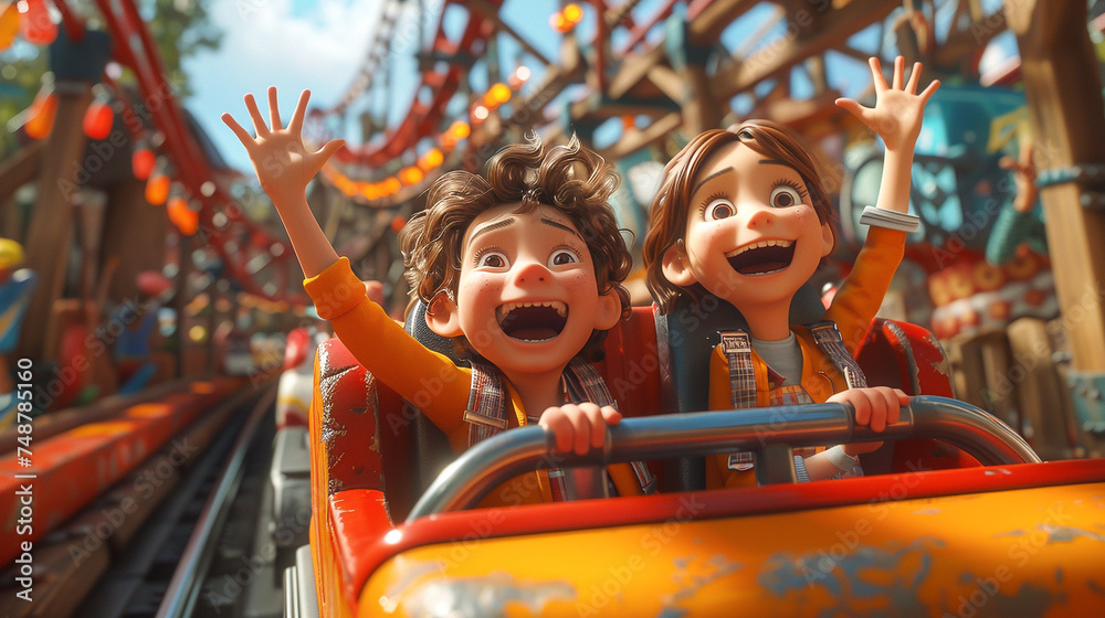 3D cartoon on whitebackground A familys first time on a roller coaster together at a carnival 3D cartoon on whitebackground A familys first time on a roller coaster together at a carnival