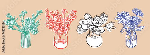 Outline flower bouquet in a glass vase or jar. Hand drawn Vector illustration. Paper cut, sticker, elegant one line style. Isolated floral design elements. Poster, print, card, decoration templates
