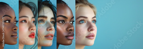 Multicultural beauty standards. Profile view of five women with different skin tones against blue background. Racial equality and female empowerment