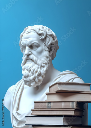 Marble bust of a Greek philosopher and old books. Philosophy of life and wisdom.
