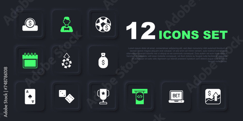 Set Online sports betting, Financial growth increase, Casino chips, Automated teller machine and money, Calendar, Game dice, dealer and poker trophy cup icon. Vector