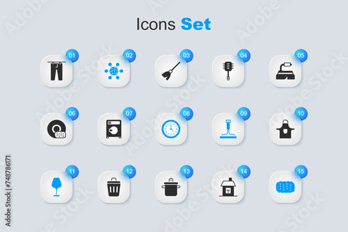 Set House, Washer, Bacteria, Wine glass, Sponge, Kitchen apron, Drying clothes and Clock icon. Vector