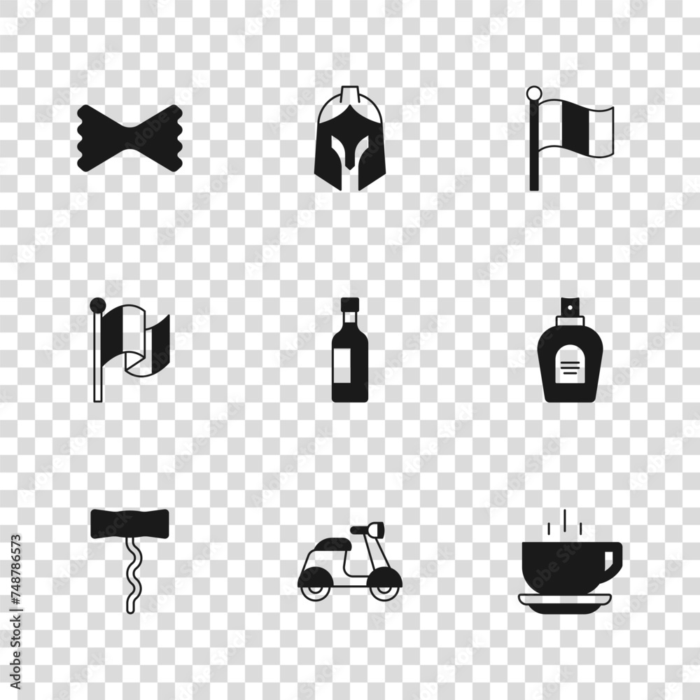 Set Scooter, Perfume, Coffee cup, Bottle wine, Flag Italy, Macaroni, Roman army helmet and icon. Vector