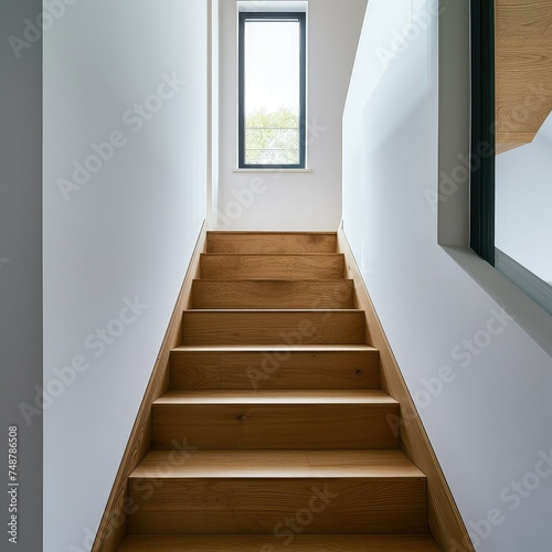A wood staircase in a modern house with white walls.