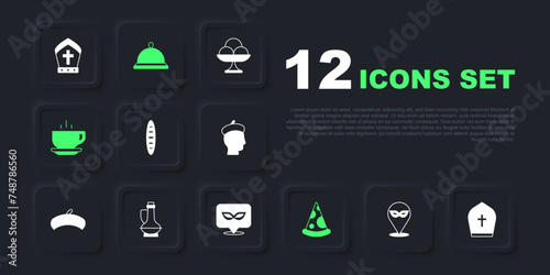 Set Carnival mask, Pope hat, French baguette bread, Slice of pizza, Coffee cup, Bottle olive oil, Covered with tray food and icon. Vector