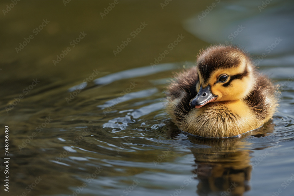 Portrait of a duckling near the river bank. A young, cute duckling swims in the water. Close-up. Created with the help of artificial intelligence. Portrait of a duckling near the river bank. A young, cute duckling swims in the water. Close-up. Created with the help of artificial intelligence.