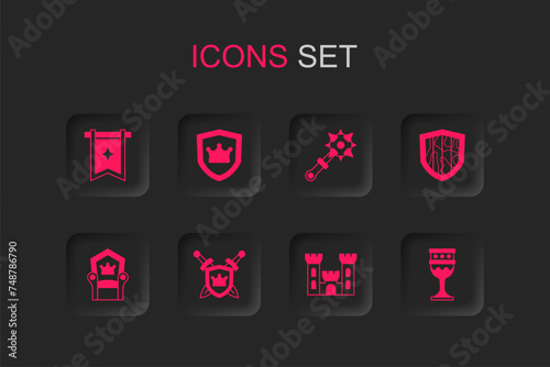 Set Shield with swords, crown, Medieval flag, Castle, goblet, Mace spikes and throne icon. Vector