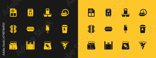 Set Round the clock delivery, Online ordering food, Ice cream, fish, Lunch box, Coffee cup to go, Restaurant cafe menu and Soda can icon. Vector