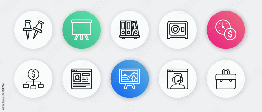 Set line Monitor with graph chart, Time is money, Hierarchy dollar, Telephone 24 hours support, Safe, Office folders, Briefcase and Resume icon. Vector Set line Monitor with graph chart, Time is money, Hierarchy dollar, Telephone 24 hours support, Safe, Office folders, Briefcase and Resume icon. Vector