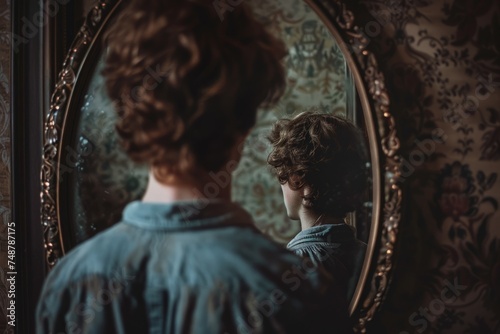 A young man before the vintage antique mirror reflecting from different side