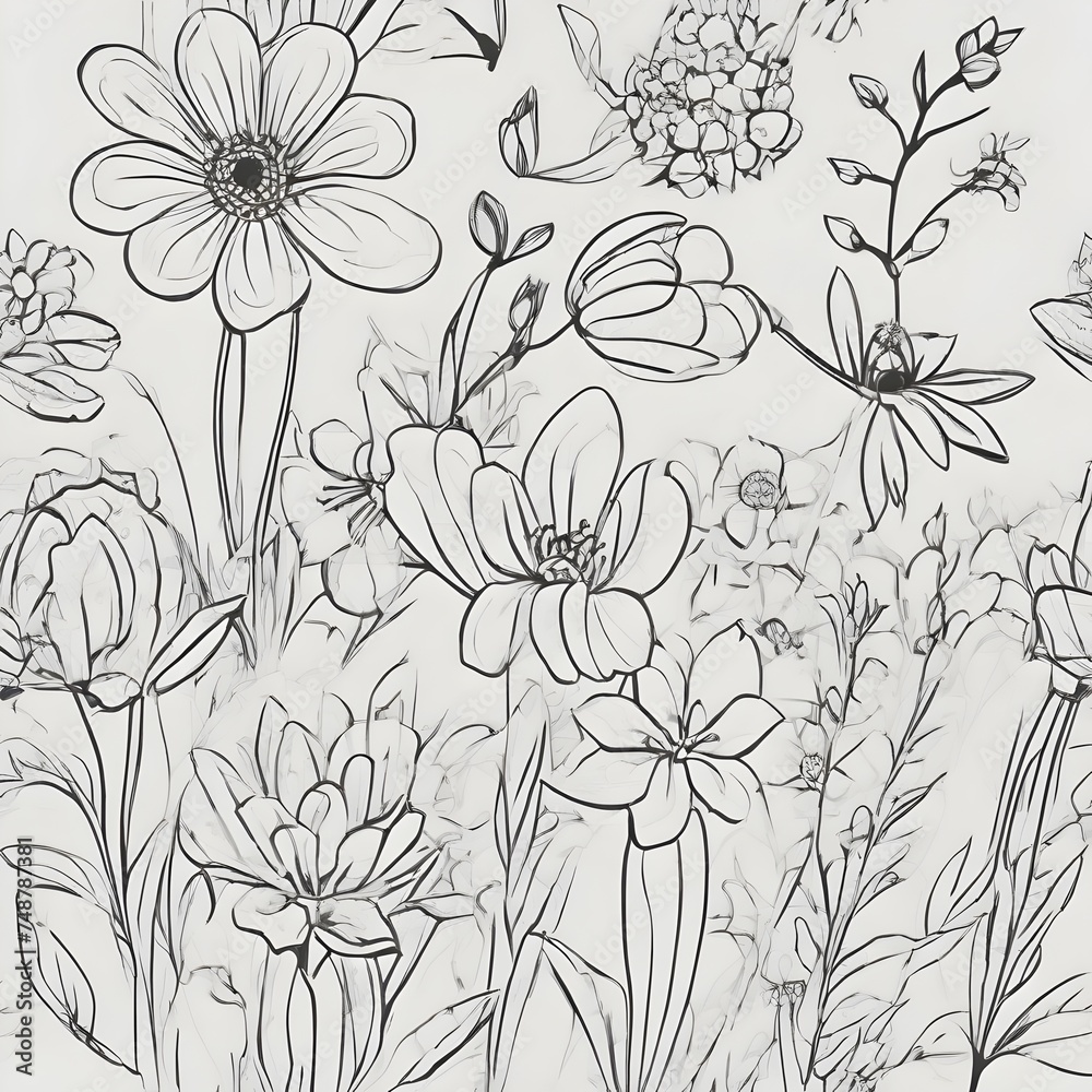 Line drawing of flowers in black and white, intricate details of petals ...