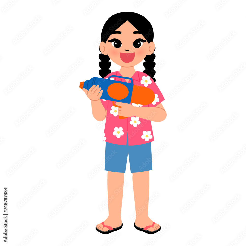 happy girl wearing flower pattern shirt and holding a gun water for having fun in songkran festival cartoon illustration happy girl wearing flower pattern shirt and holding a gun water for having fun in songkran festival cartoon illustration