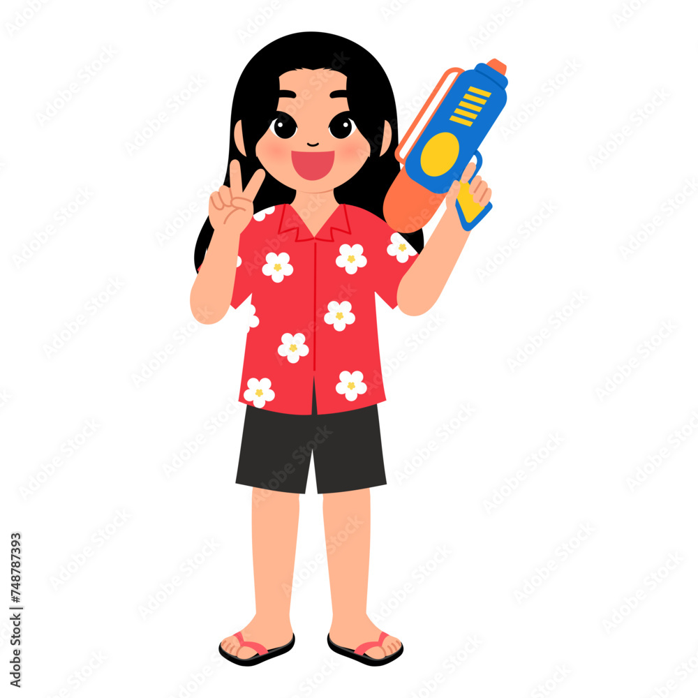 happy girl wearing flower pattern shirt and holding a gun water for having fun in songkran festival cartoon illustration happy girl wearing flower pattern shirt and holding a gun water for having fun in songkran festival cartoon illustration