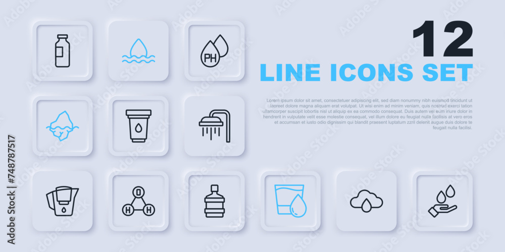 Set line Cloud with rain, Washing hands soap, Water filter cartridge, Glass water, Iceberg, Chemical formula H2O, drop and Big bottle clean icon. Vector Set line Cloud with rain, Washing hands soap, Water filter cartridge, Glass water, Iceberg, Chemical formula H2O, drop and Big bottle clean icon. Vector