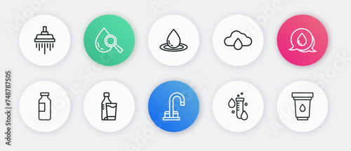 Set line Water tap, drop with speech bubbles, Bottle of water, Test tube, Cloud rain, filter cartridge and glass icon. Vector