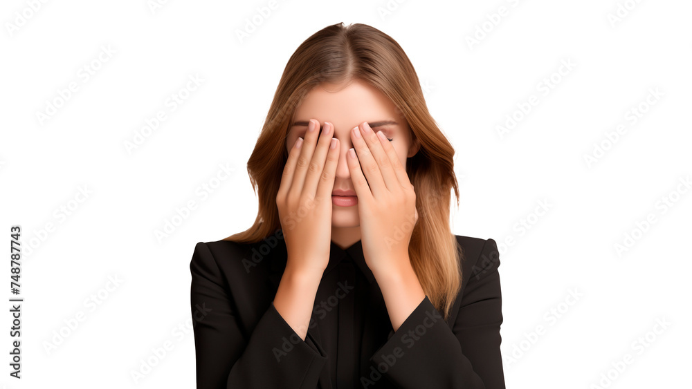 Young business woman covering eyes with hands on transparent background Young business woman covering eyes with hands on transparent background