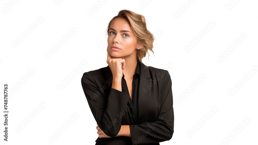 Young business woman pondering with hand on head cut out Young business woman pondering with hand on head cut out