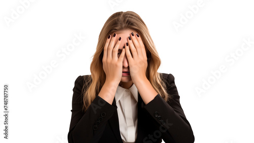 Young business woman covering eyes with hands on transparent background