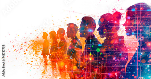 Colourful silhouette of a line of international people, overlayed with a digital technology communication diagram, representing working in global network partnership, banner style image.