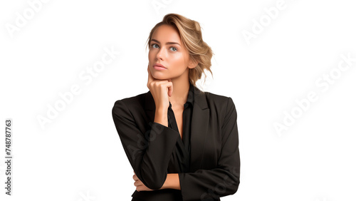 Young business woman pondering with hand on head cut out