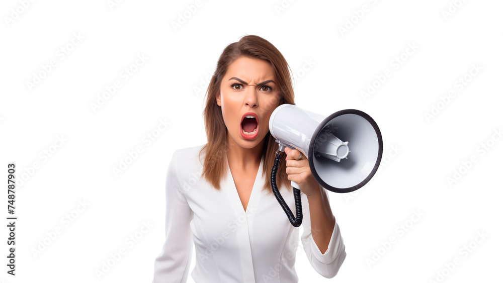 Young woman screaming at loudspeaker. Angry woman with loud speaker cut out Young woman screaming at loudspeaker. Angry woman with loud speaker cut out