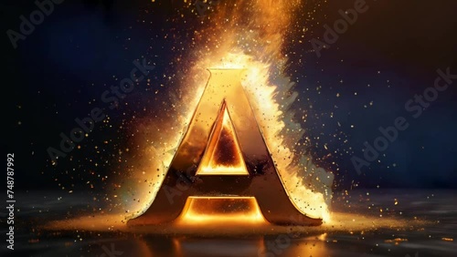 Letter A golden 3d on fire video animation, seamless looping video background animation	