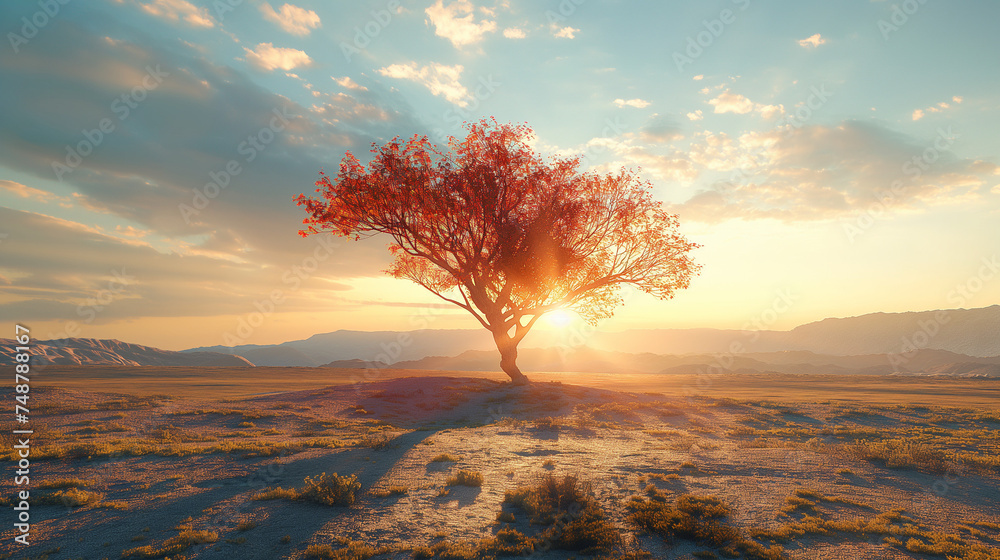 Lonely - Colorful Tree stands in the middle of the bare desert. Hot sun rays pass through the branches of a tree - obrazy, fototapety, plakaty 
