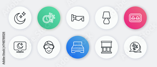 Set line Big bed, Earplugs with storage box, Moon and stars, Window curtains, Table lamp, Bed, Sleepy and Eye sleep mask icon. Vector